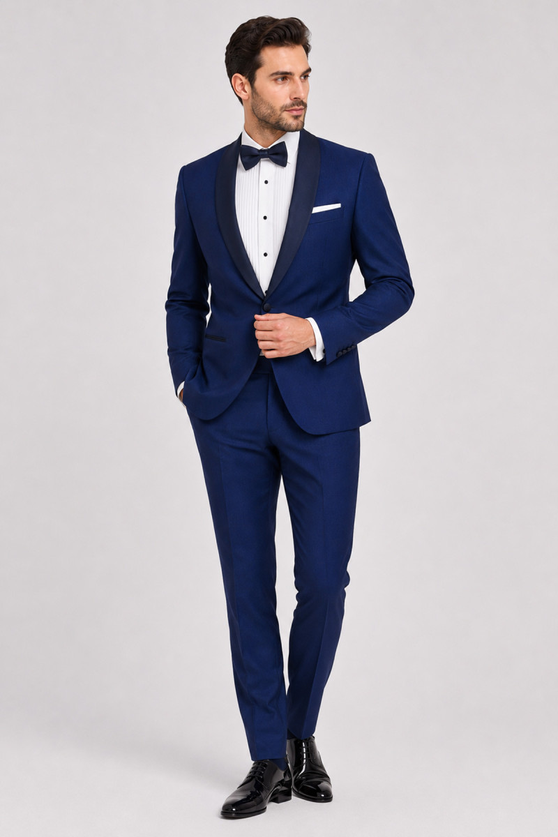 Niebieski Smoking Męski Wełniany 176/50 – Unikatowy Model | Villaro