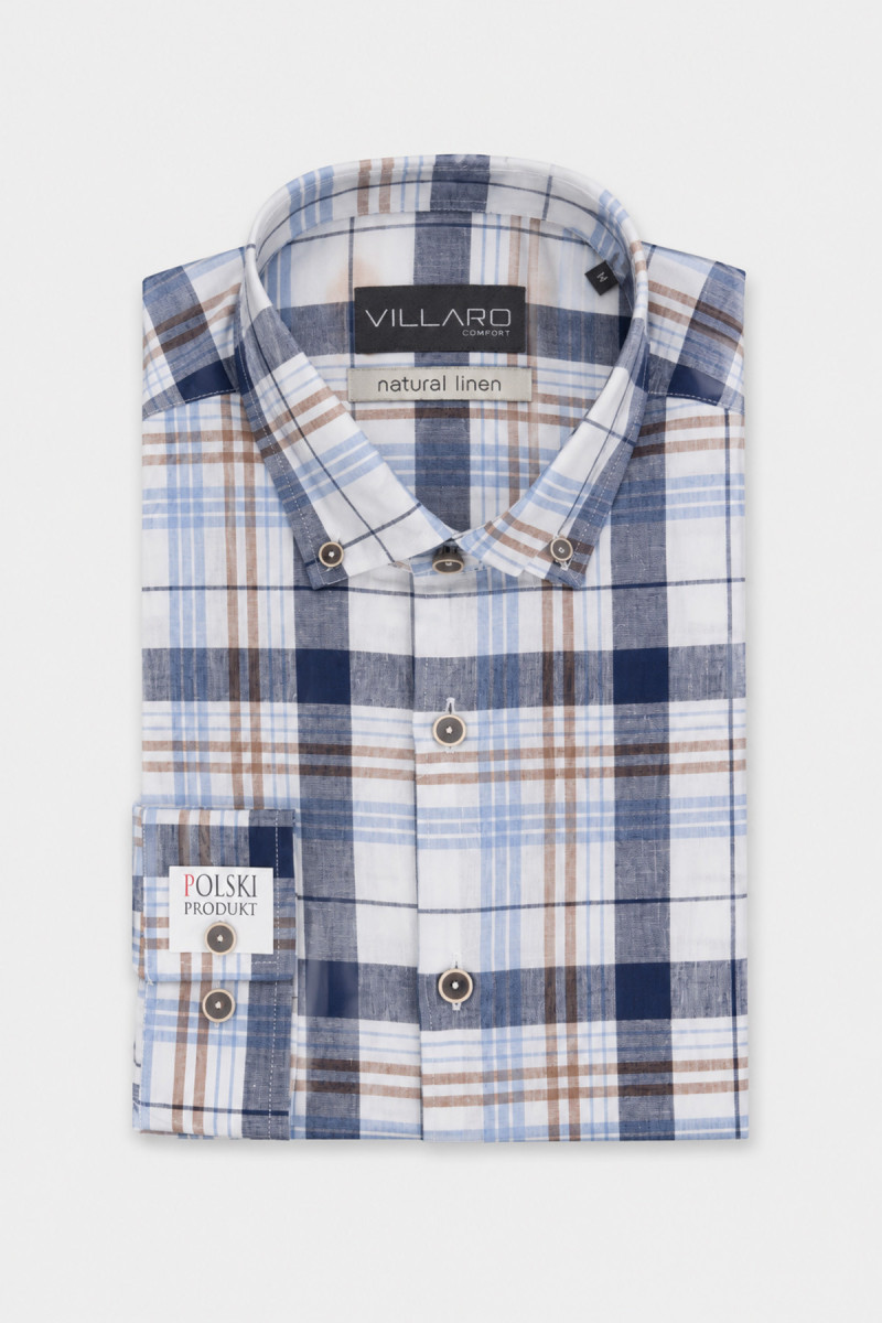 Koszula Męska z Lnem w Niebieską Kratę Slim Fit | VILLARO