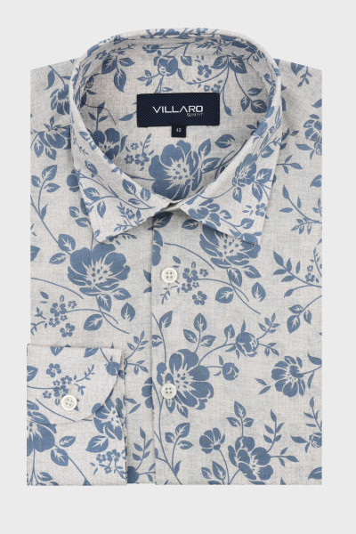 koszula męska premium tencel len beżowa w niebieskie kwiaty
