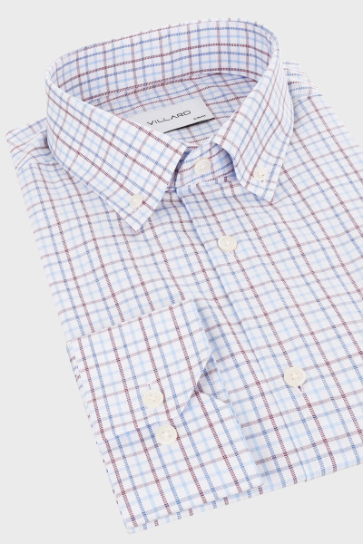 Koszula Męska w Niebiesko-Bordową Kratę Kołnierz Button-Down