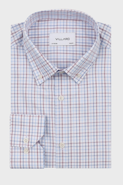 Koszula Męska w Niebiesko-Bordową Kratę Kołnierz Button-Down