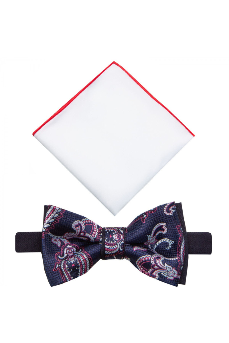 Granatowa Mucha Męska z Białą Poszetką