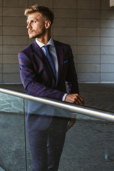 Bordowy w Granatową Kratę Garnitur Męski