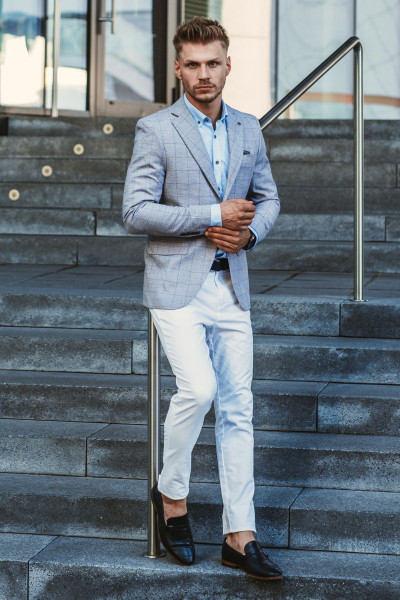 Szara marynarka męska w kratę VILLARO Slim Fit przód