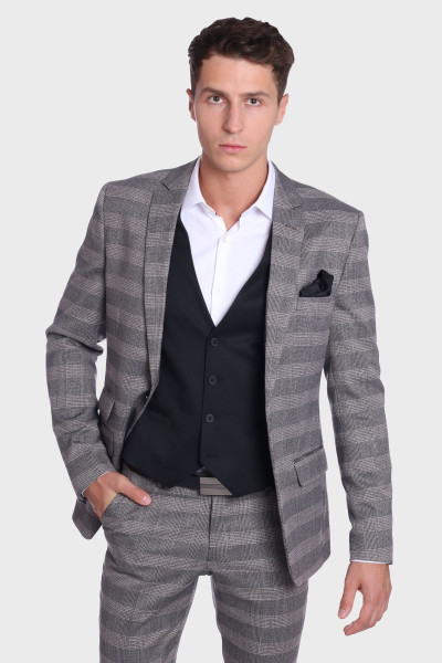 Szary w Kratę Garnitur Męski