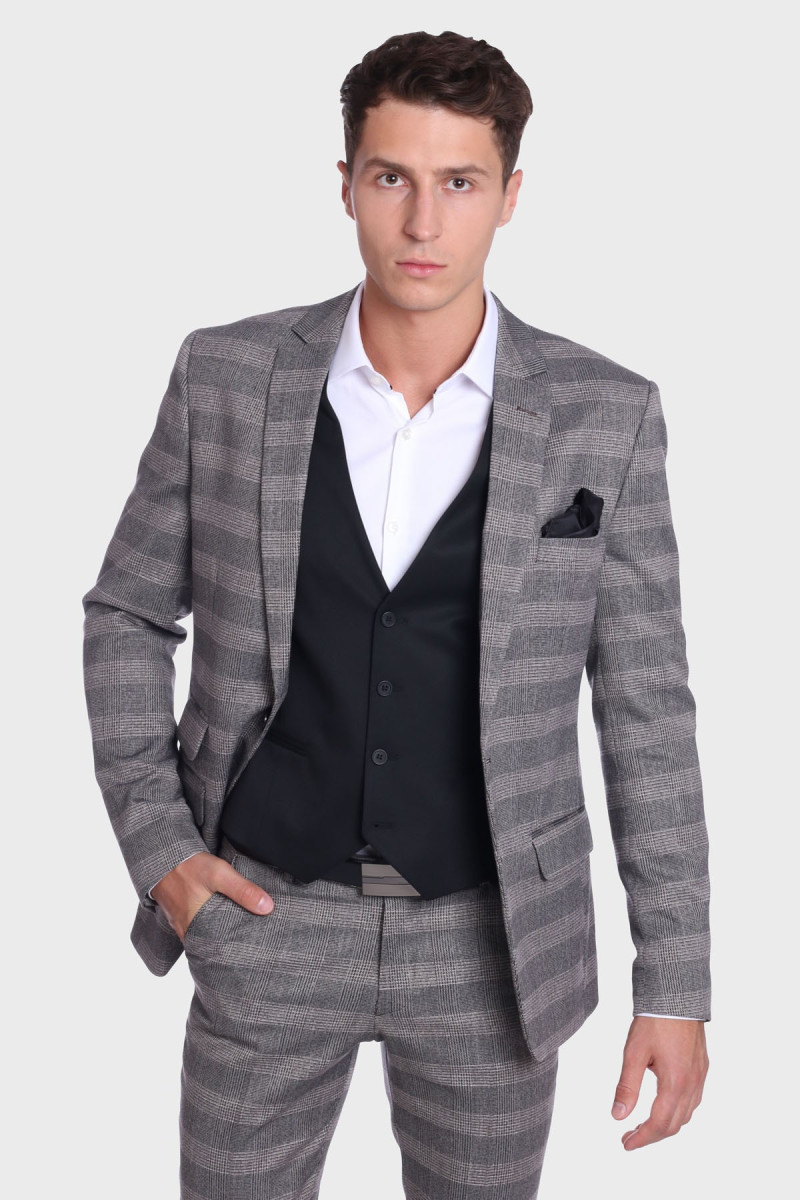 szara marynarka męska w kratę VILLARO Slim Fit przód