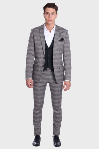 szary garnitur męski w kratę VILLARO Slim Fit przód