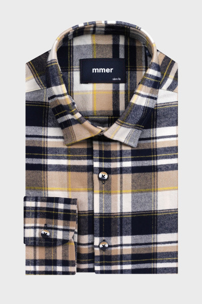 Męska koszula drwala, beżowa-granatowa | Villaro