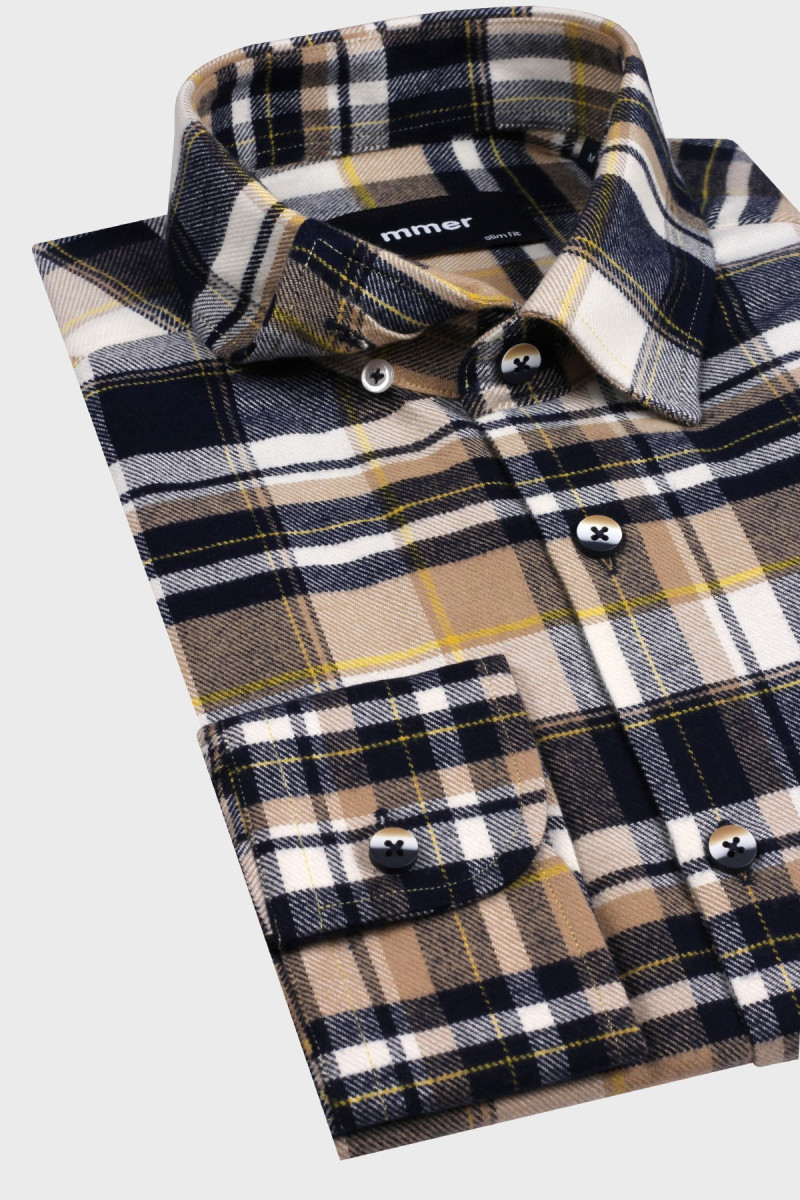 Męska koszula drwala, beżowa-granatowa | Villaro