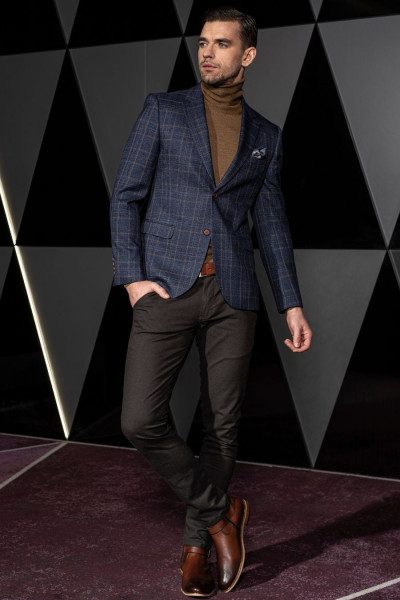 Marynarka Męska Granatowa w Brązową Kratę