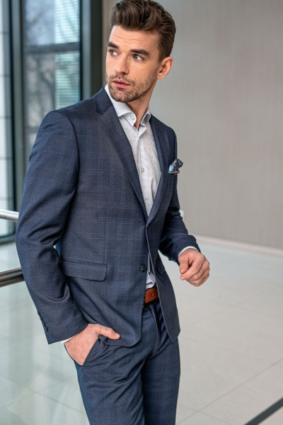 Granatowy Garnitur Męski w Kratę z Wiskozą