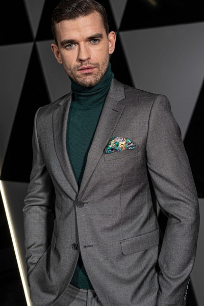 Szary Garnitur Męski w Kratę Slim Fit