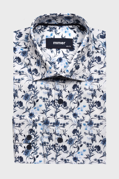Biała koszula męska w niebieskie kwiaty | Villaro