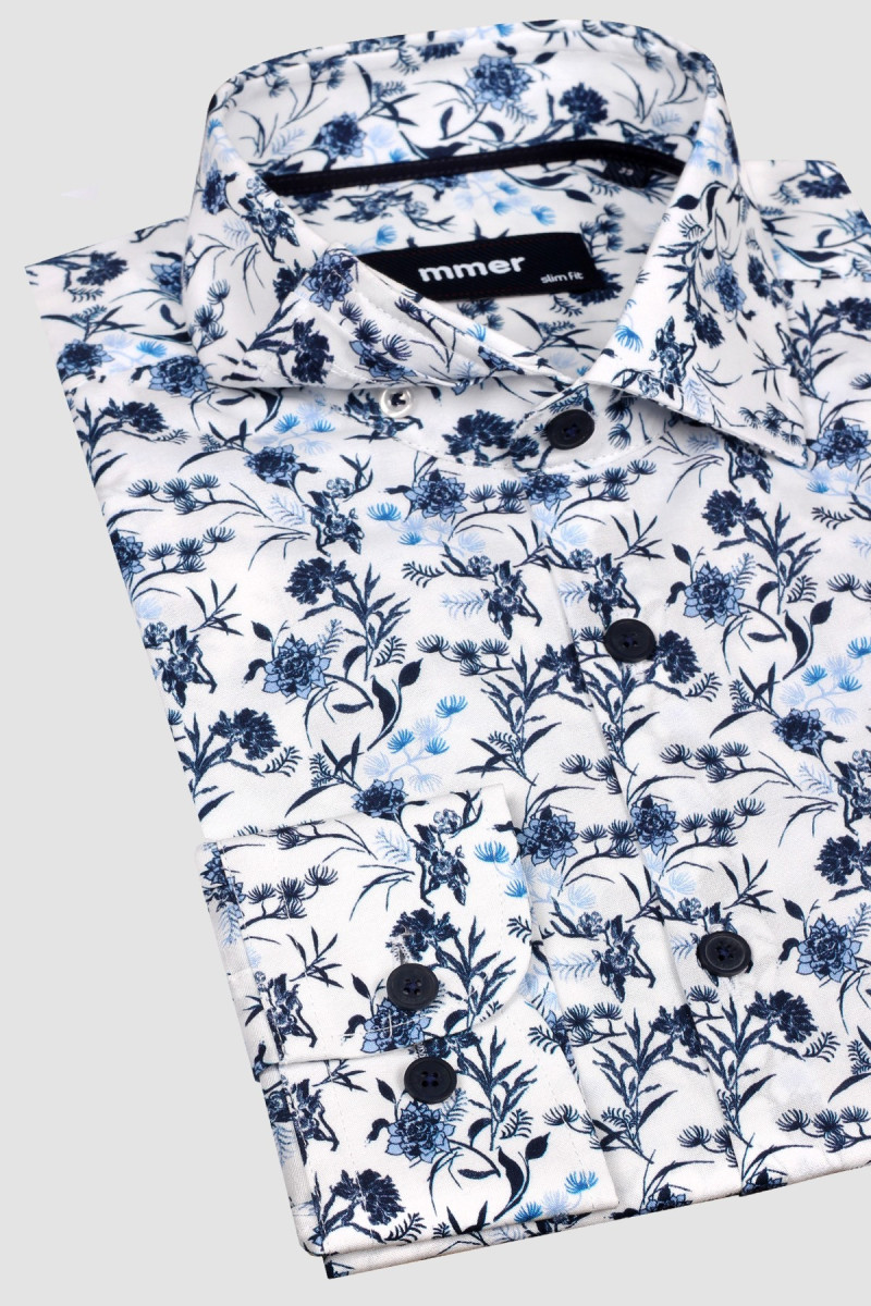Biała koszula męska w niebieskie kwiaty | Villaro