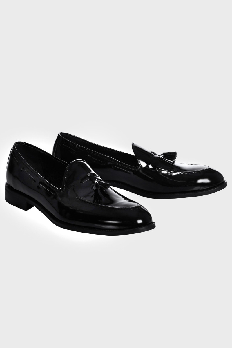 Czarne Buty Męskie Skóra Lakier