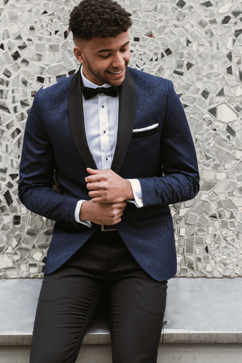 Granatowy Smoking Męski Żakard