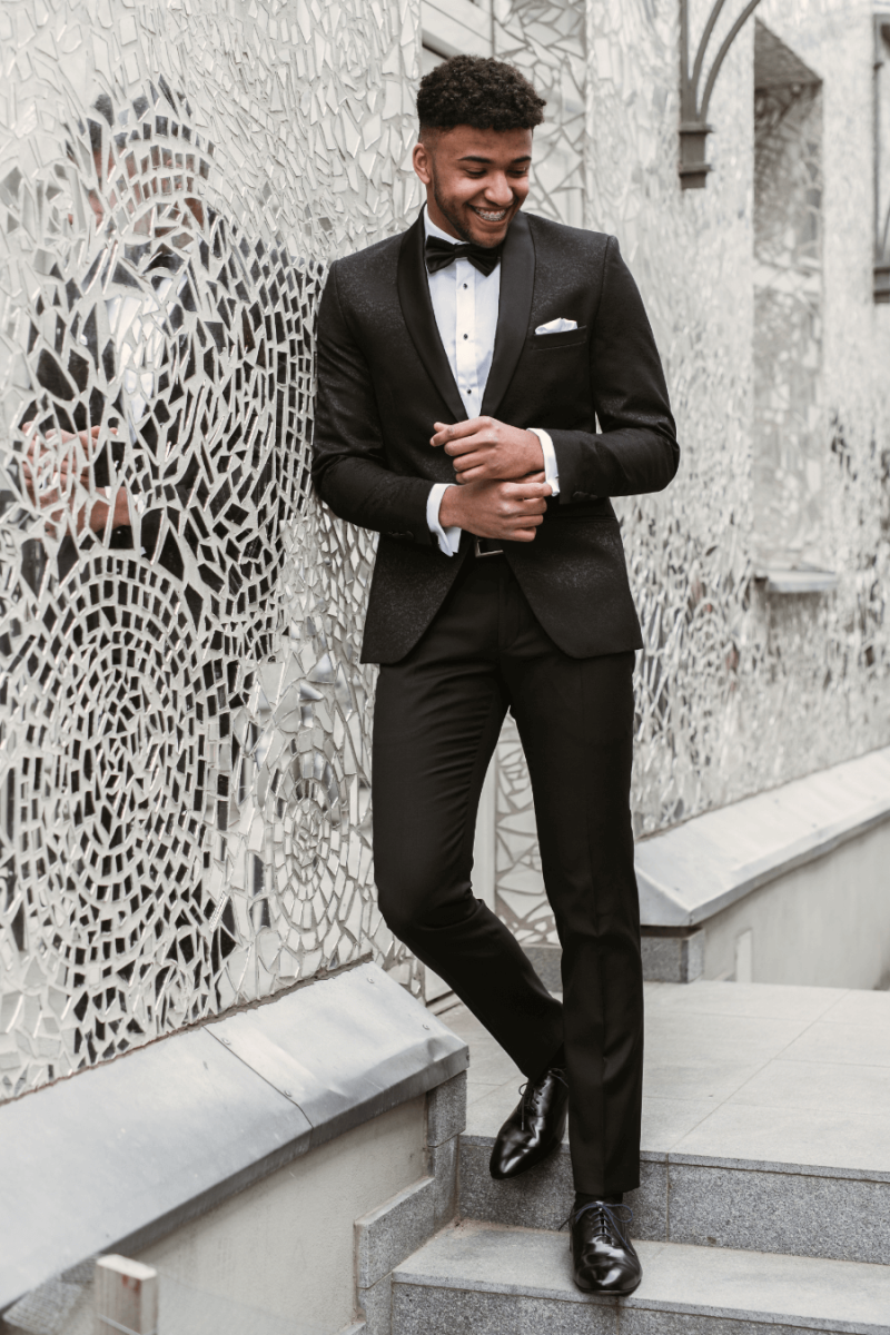 Czarny Smoking Męski Żakard