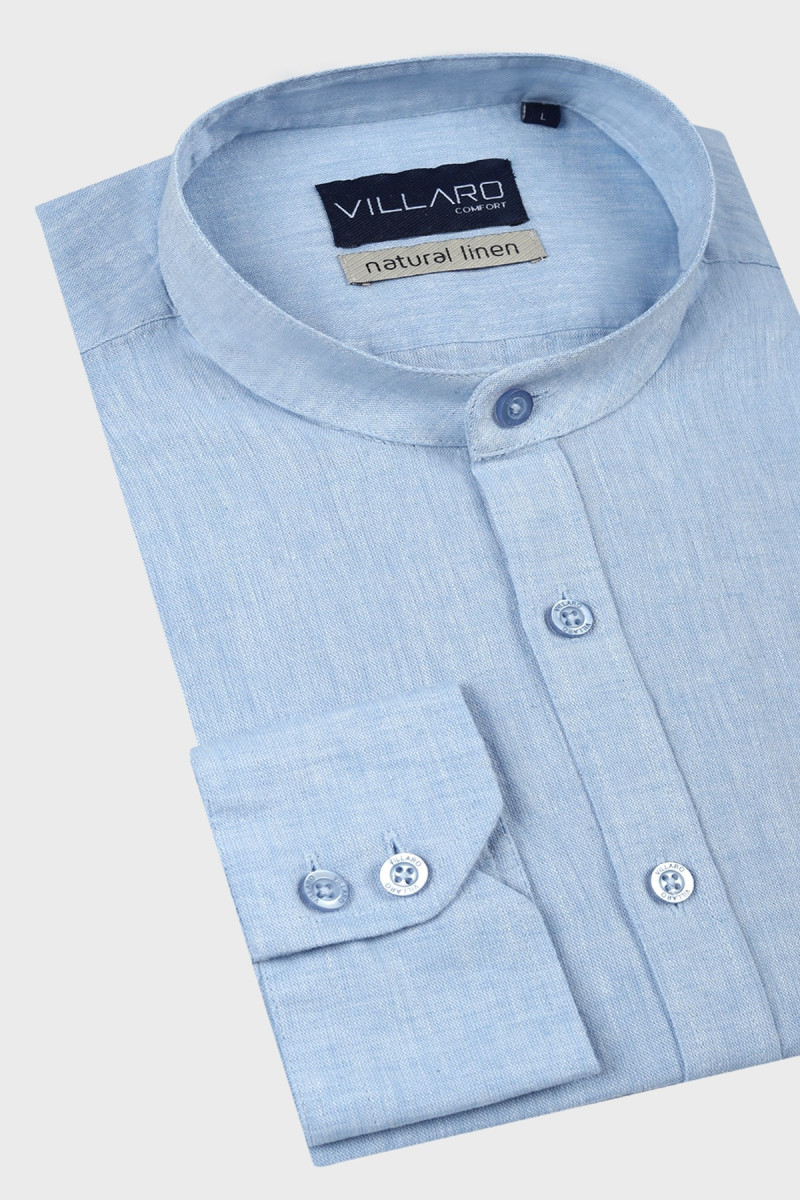 Niebieska Koszula Męska Stójka Len