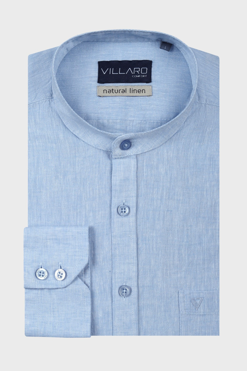 Niebieska Koszula Męska Stójka Len