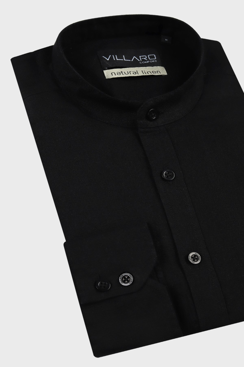 Czarna koszula męska stójka len | Villaro
