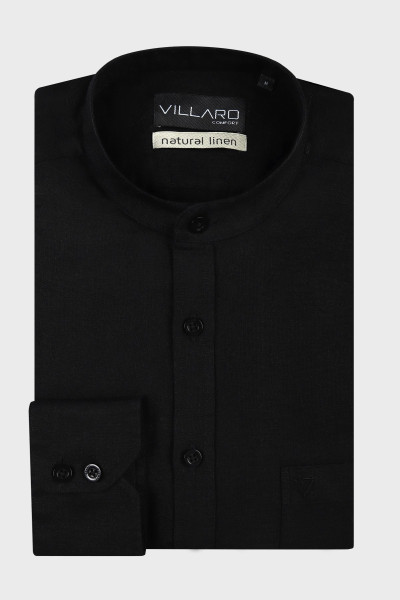 Czarna koszula męska stójka len | Villaro