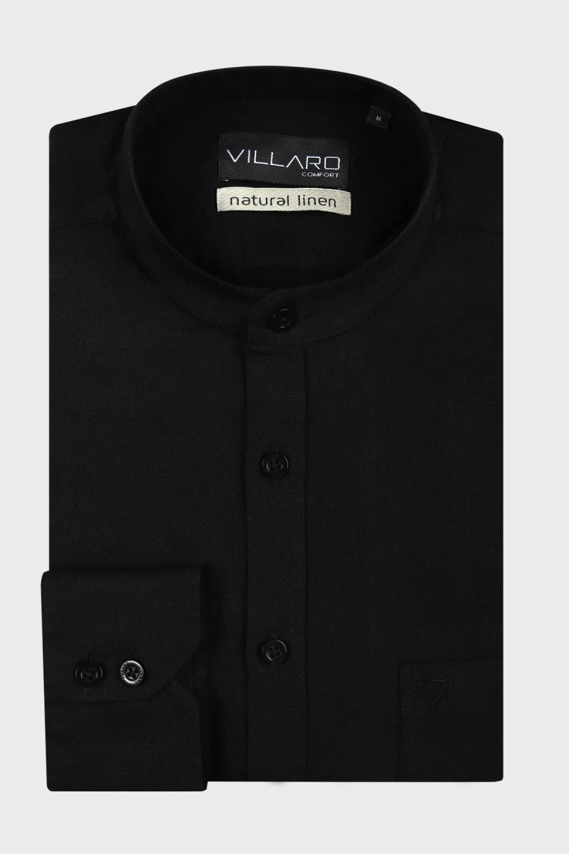 Czarna koszula męska stójka len | Villaro