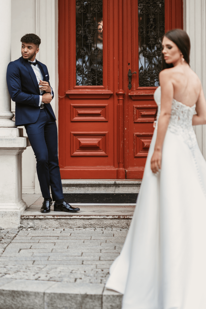 Granatowy Smoking Męski Wełna