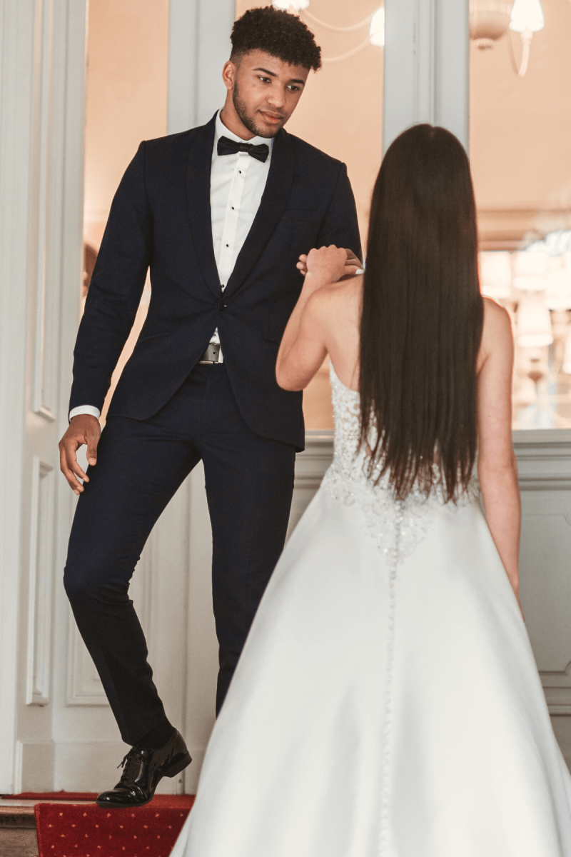 Granatowy Smoking Męski Wełna