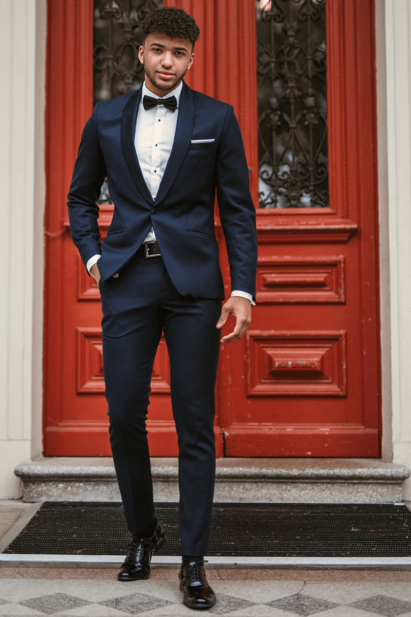 Granatowy Smoking Męski Wełna