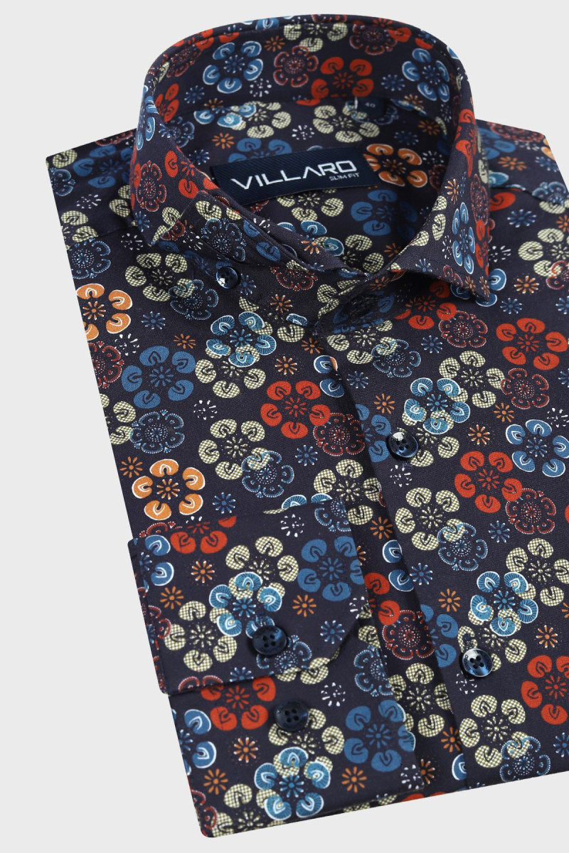 Granatowe koszula męska w okrągłe kwiaty | Villaro