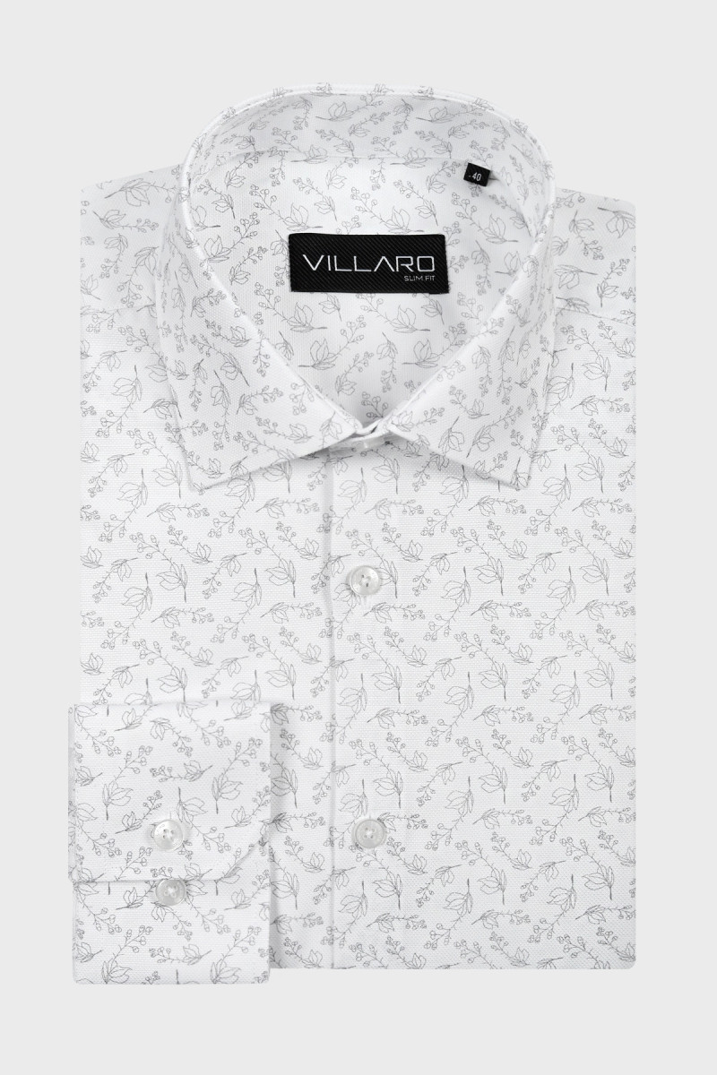 Biała koszula męska w drobne kwiaty, kontury | Villaro
