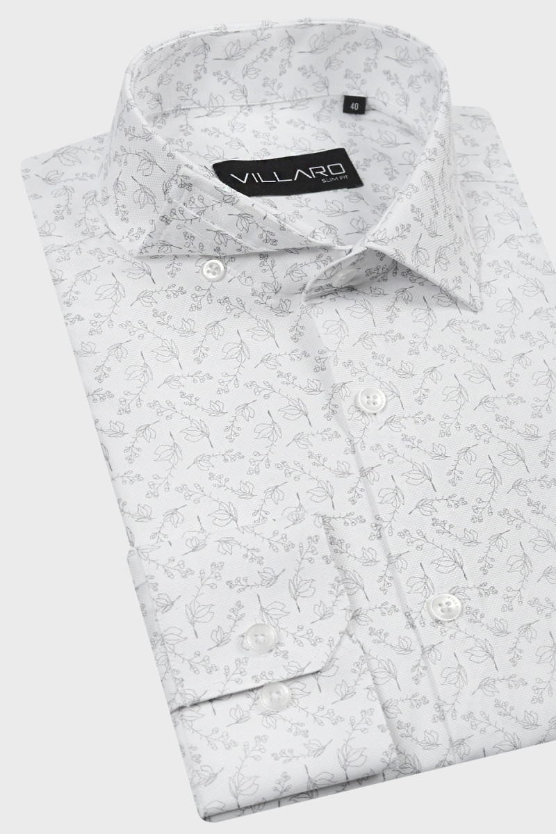 Biała koszula męska w drobne kwiaty, kontury | Villaro