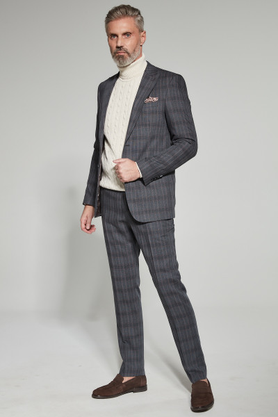 Szary Garnitur Męski Wzór Krata