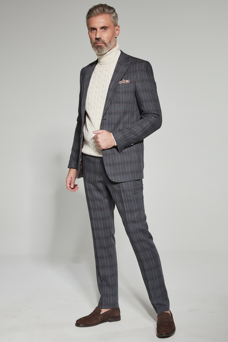 Szary Garnitur Męski Wzór Krata