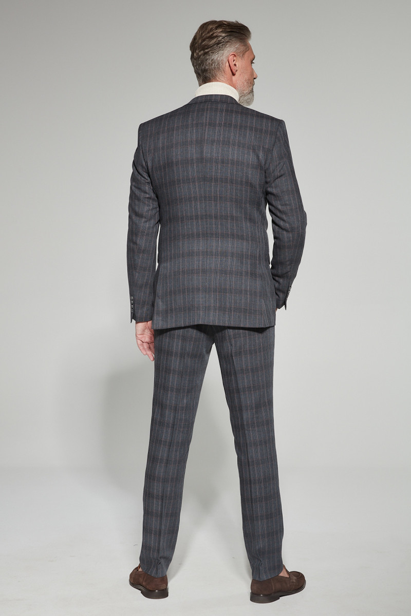 Szary Garnitur Męski Wzór Krata