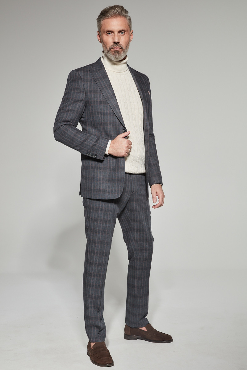 Szary Garnitur Męski Wzór Krata