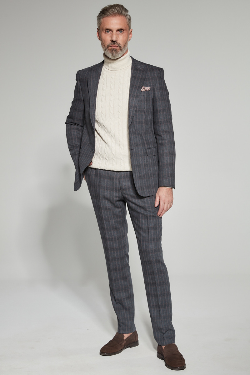 Szary Garnitur Męski Wzór Krata