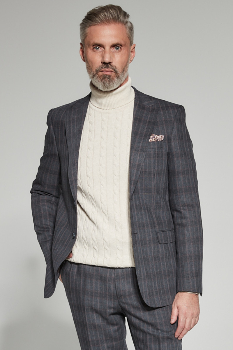 Szary Garnitur Męski Wzór Krata