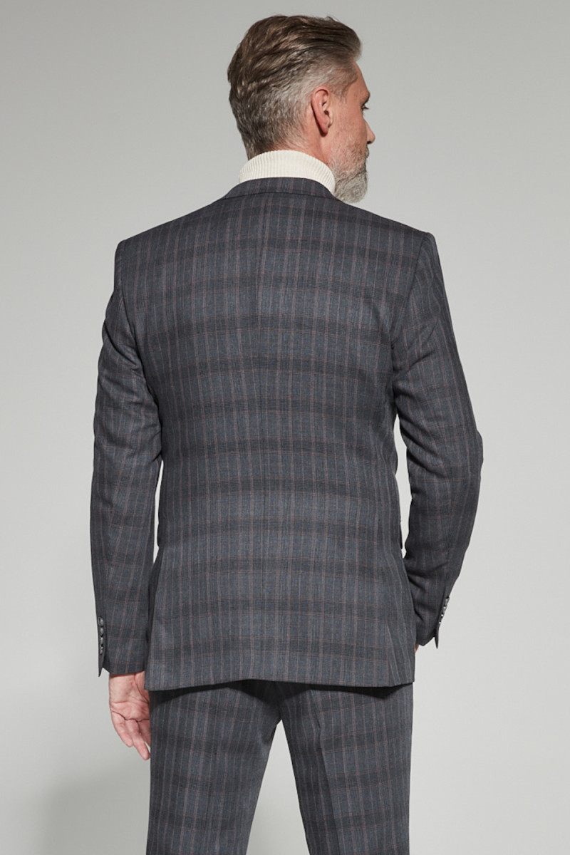 Szary Garnitur Męski Wzór Krata