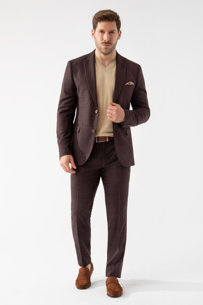 Brązowy Garnitur Męski Wzór Krata