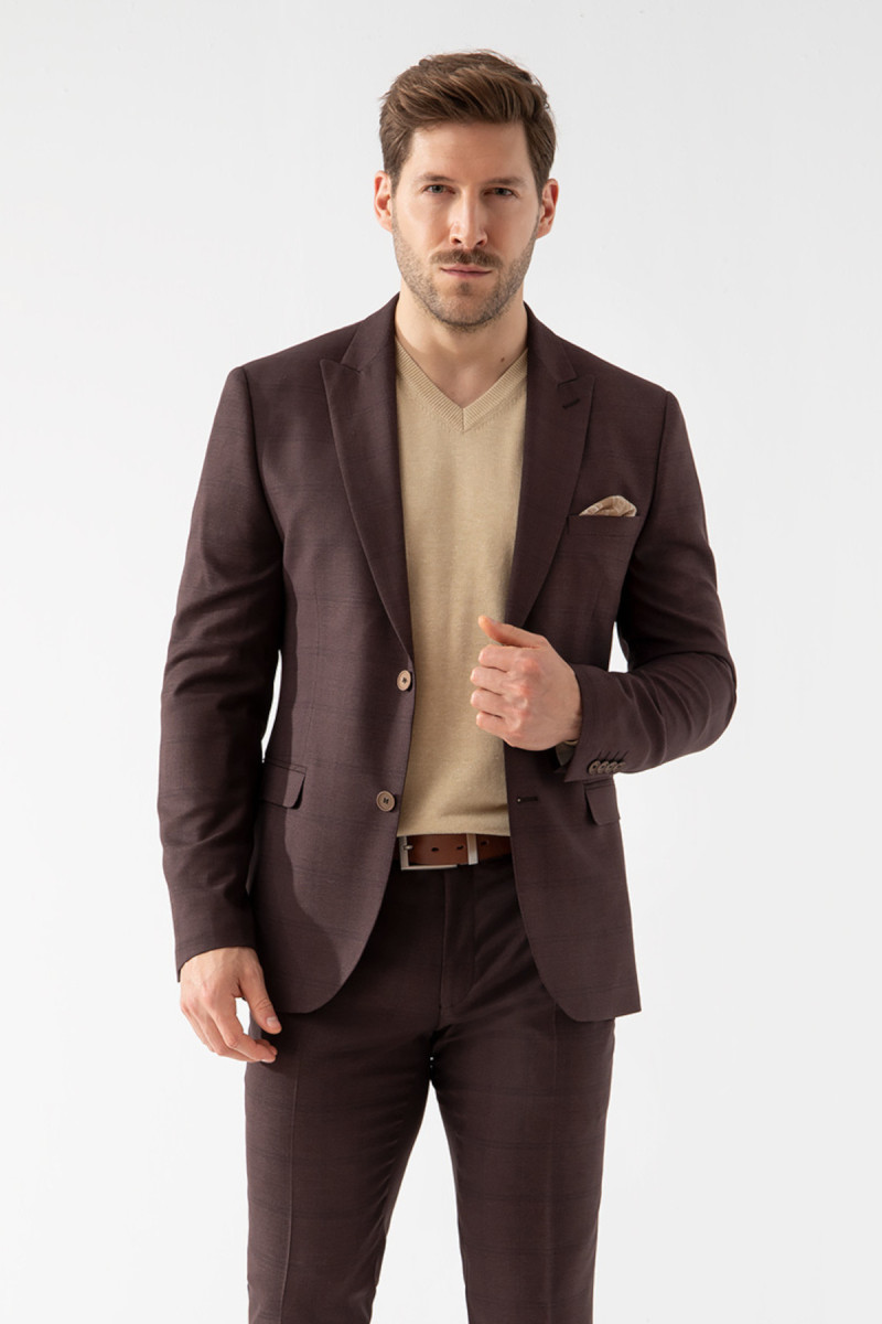 Brązowy garnitur męski wzór delikatna kratka | Villaro